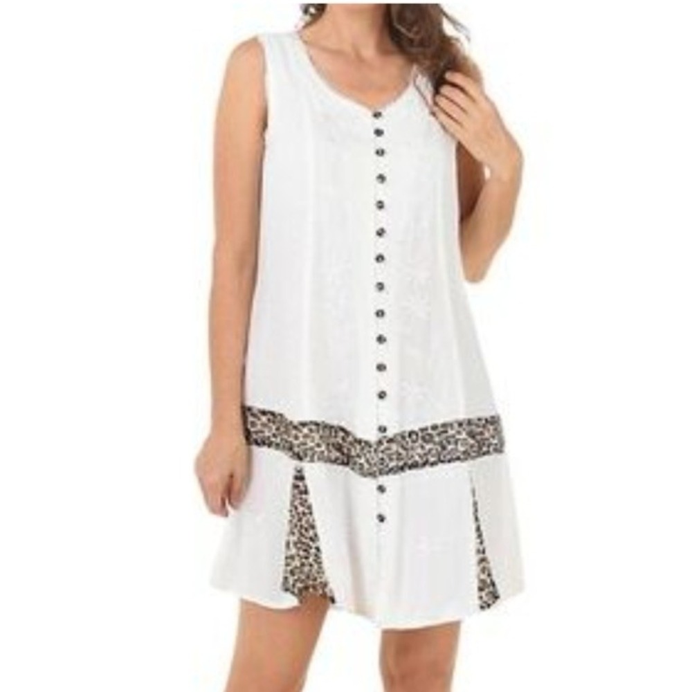Raya Sun Embroidered Cotton Rayon White Animal Print Button Front Shirt Dress Lg